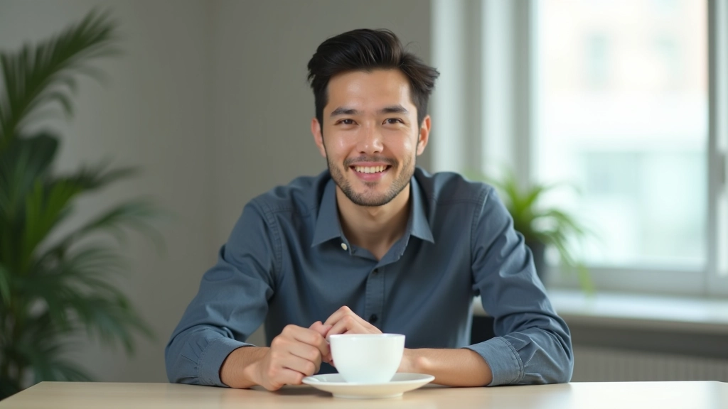 Professional at desk taking a break, cup of tea, looking calm and composed, soft natural light