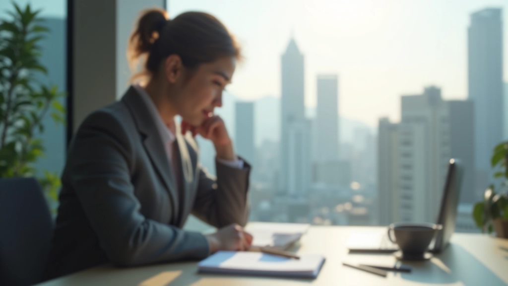 Person sitting at modern desk with journal and pen, coffee cup nearby, window showing city view, thoughtful expression, natural morning light