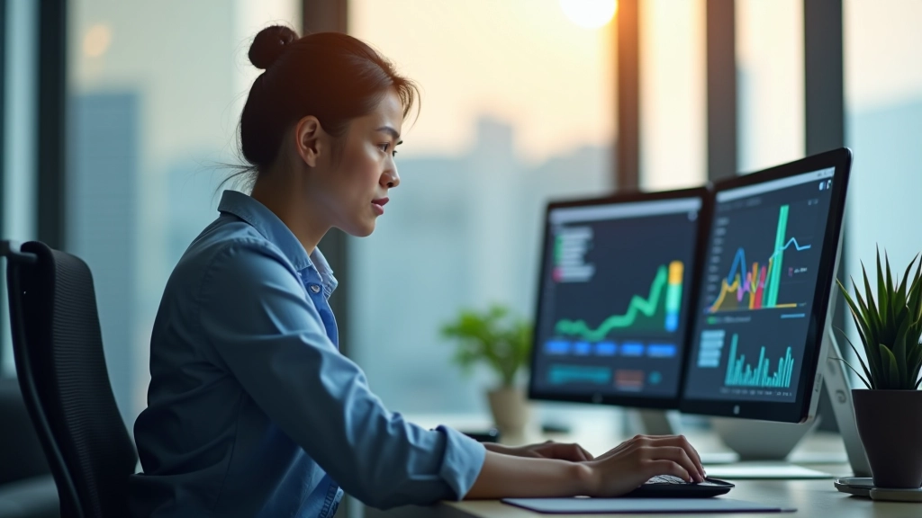 Professional at desk with multiple screens showing different market data and analytics dashboards, hands resting thoughtfully on desk