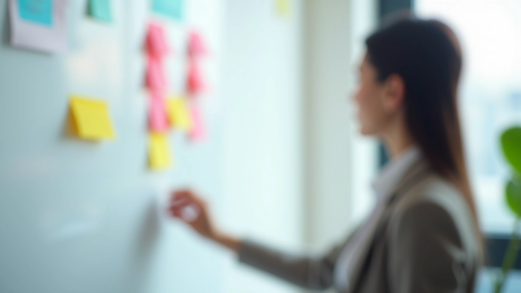 Person standing in front of a large transparent glass board with multiple colorful sticky notes and flowchart diagrams, brainstorming workspace, natural daylight