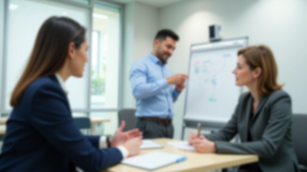 Training session in progress showing professional coach working with participant, interactive learning environment, modern training facility, focused instruction, professional development setting