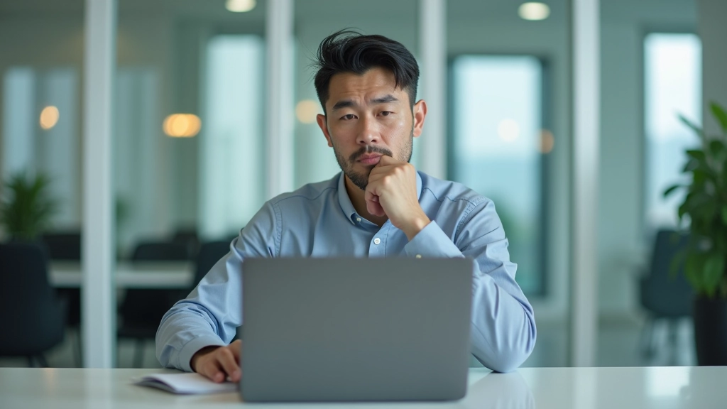 Man aged 35-45 sitting at desk looking at laptop with thoughtful expression, modern office setting with glass windows, calm composed posture