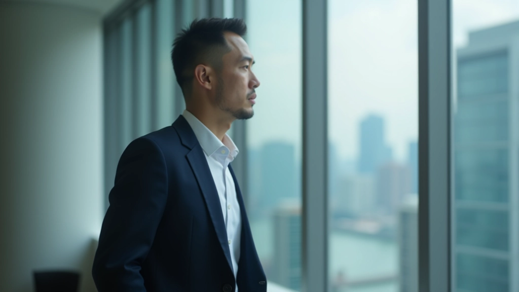 Person in professional setting standing by window with hand on desk, looking composed and thoughtful while reviewing work