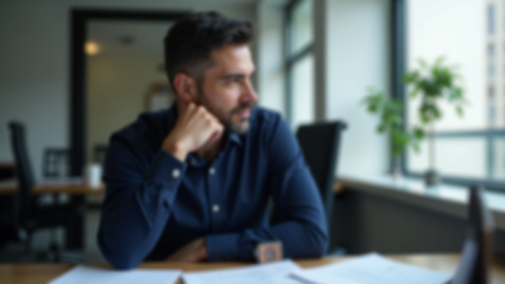 Professional at desk looking focused, hand on chin thinking, computer and papers organized, natural window light