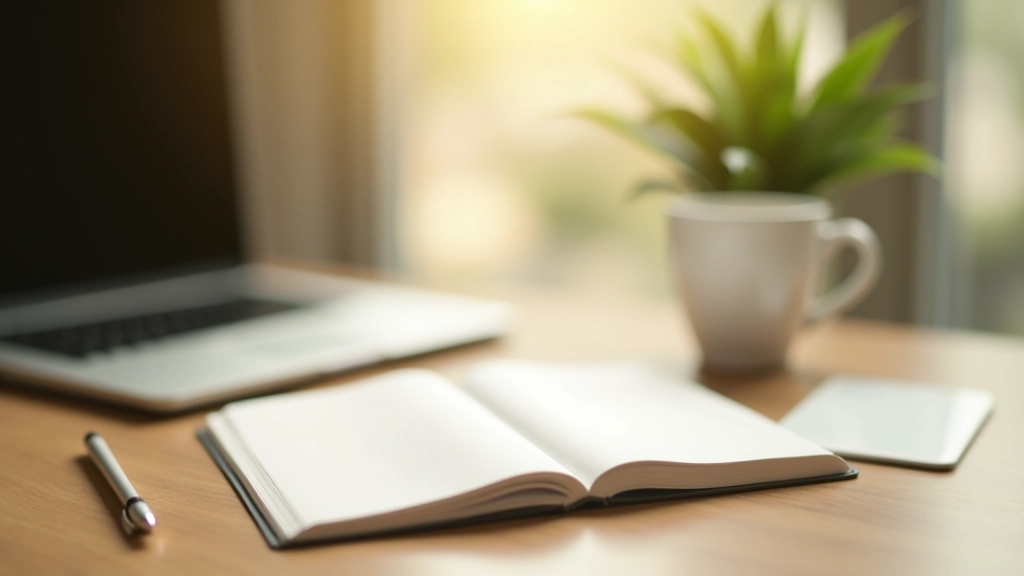 Workspace with coffee cup, journal, and pen on desk during quiet morning hours with soft lighting