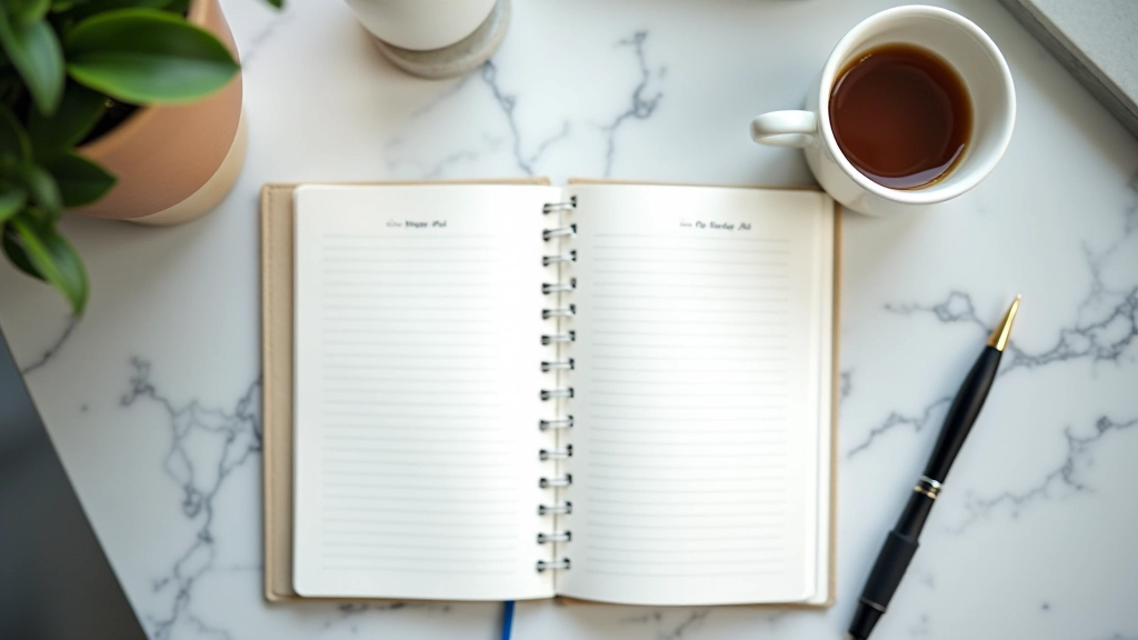 Notebook with written plans, pen and coffee cup on desk, organized workspace, natural lighting
