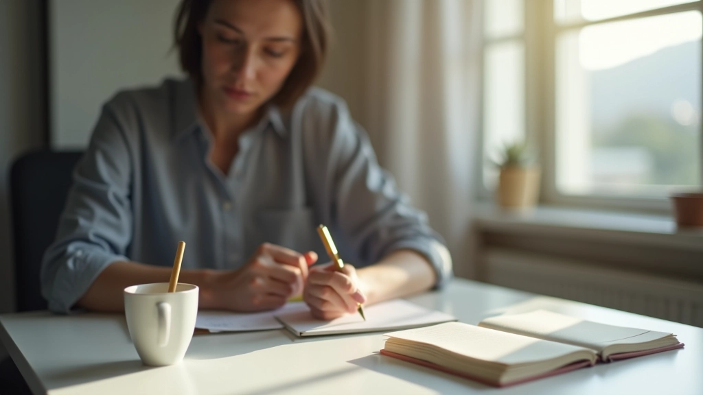 Person at desk with coffee cup and journal, writing reflection notes, thoughtful pose, minimalist workspace, morning natural light