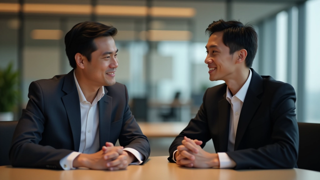 Two professionals in conversation at meeting table, relaxed body language, collaborative discussion