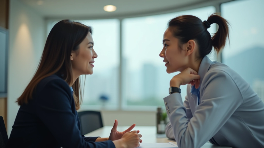 Two colleagues in conversation at modern office space, one gesturing while speaking, natural interaction, bright professional environment