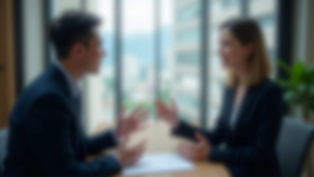 Two professionals in business attire having an animated conversation with hand gestures, modern office background, both appear engaged and listening actively