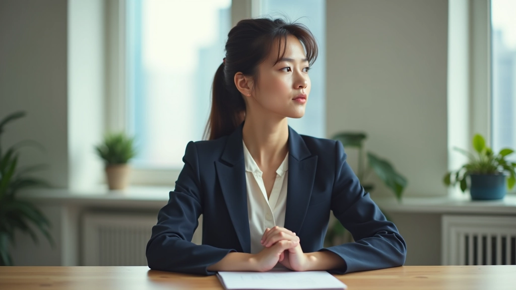 Person doing breathing exercise at desk, hands on chest, focused calm expression, morning light