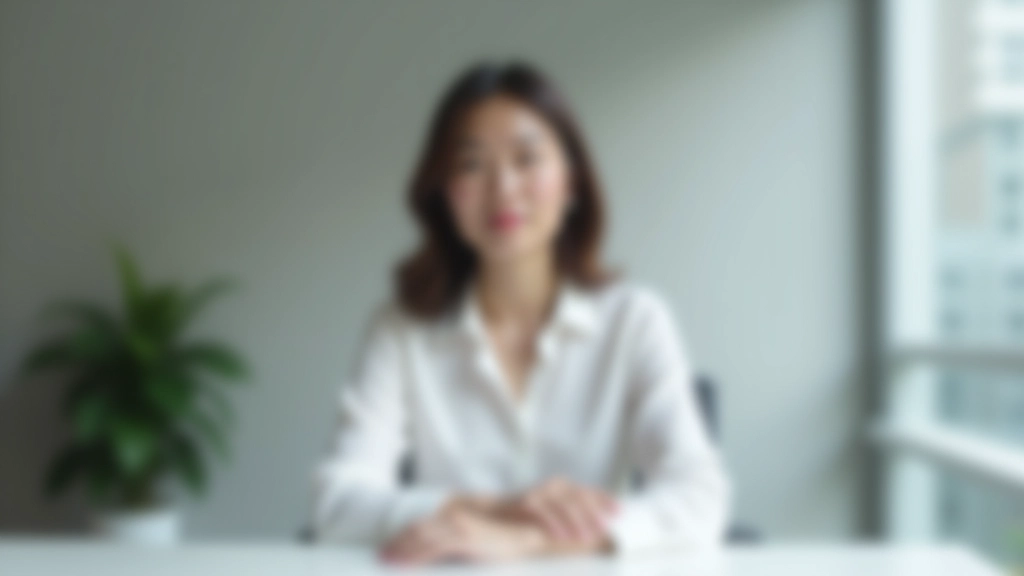 Professional woman sitting at desk in quiet office moment, with calm focused expression and clear desk workspace