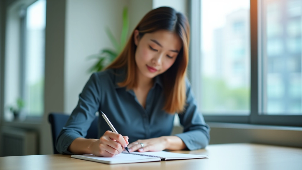 Professional woman at modern desk with notebook and pen, writing notes with focused expression, bright natural lighting from window